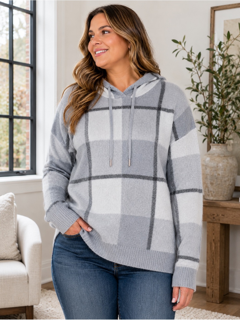 RACHEL Rachel Roy Gray White Windowpane Plaid Hooded Sweater 3X
